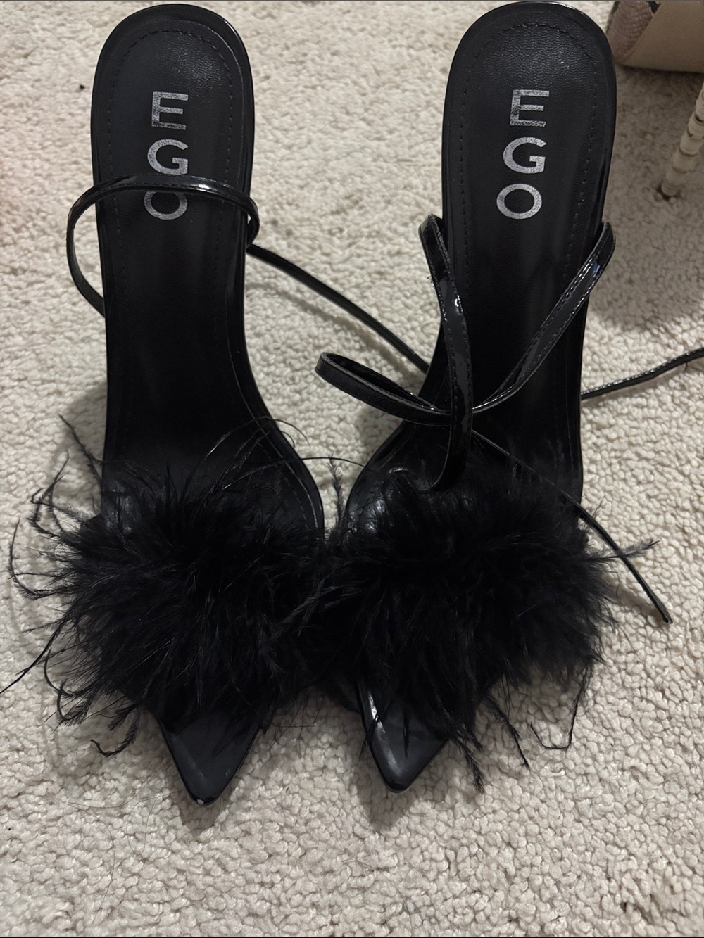 EGO Black Feather-Trim Patent Strappy Heels